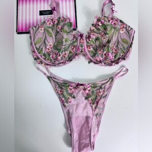 🔥Victoria's Secret Pink Floral Embroidered Bra Set Sz 38DDD// Large NWT